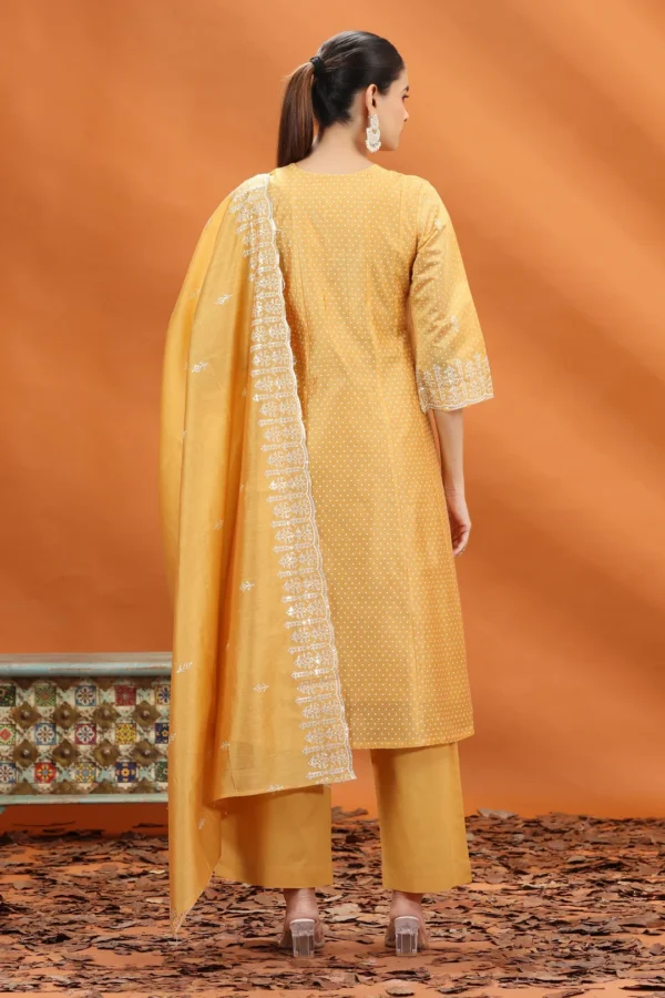 Women Yellow Chanderi Kalidar Embroidered Kurta Palazzo and Dupatta Set - Image 5
