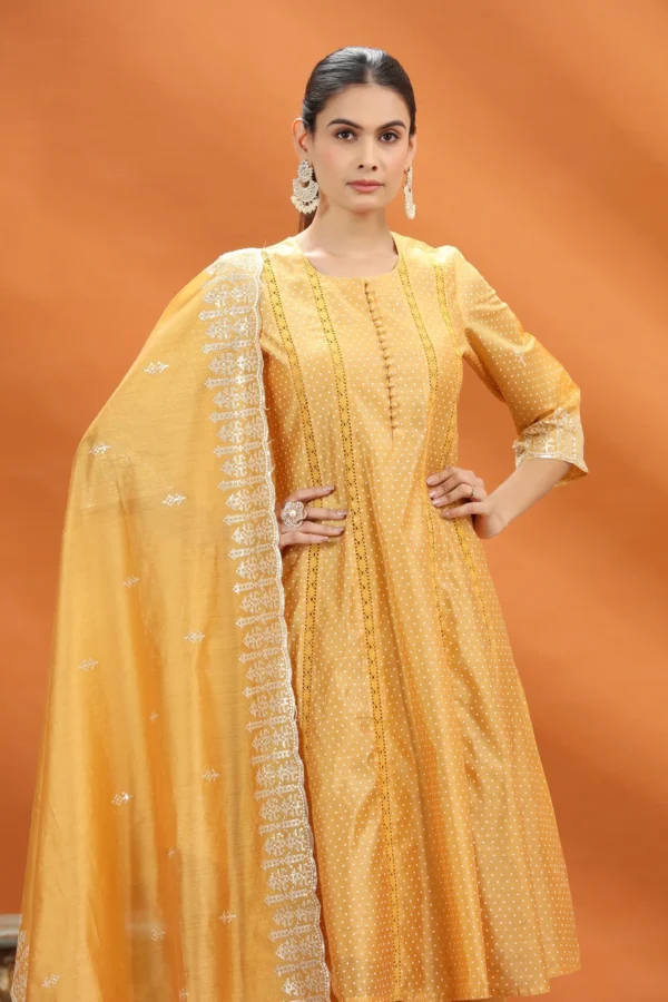 Women Yellow Chanderi Kalidar Embroidered Kurta Palazzo and Dupatta Set - Image 3